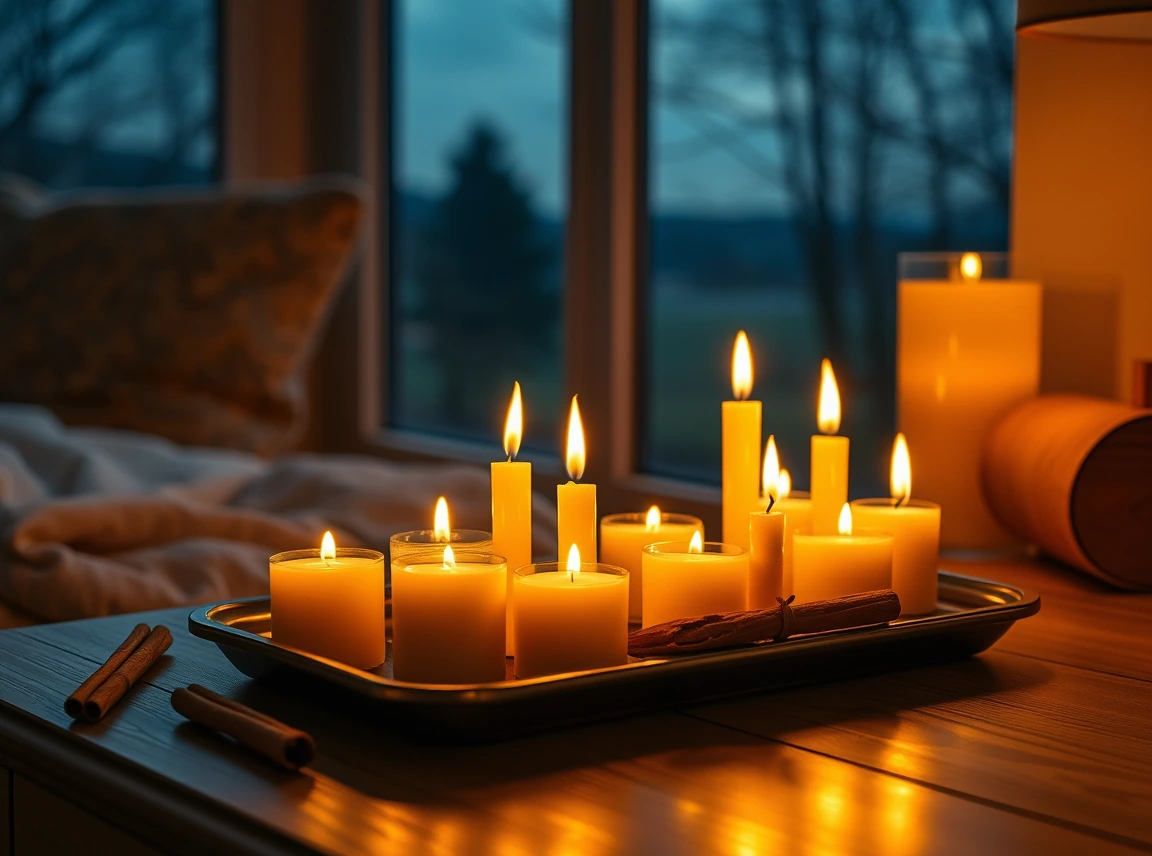 A cluster of warm candles glowing on a tray beside cinnamon sticks and dried orange slices, cozy fall ambiance, no people
