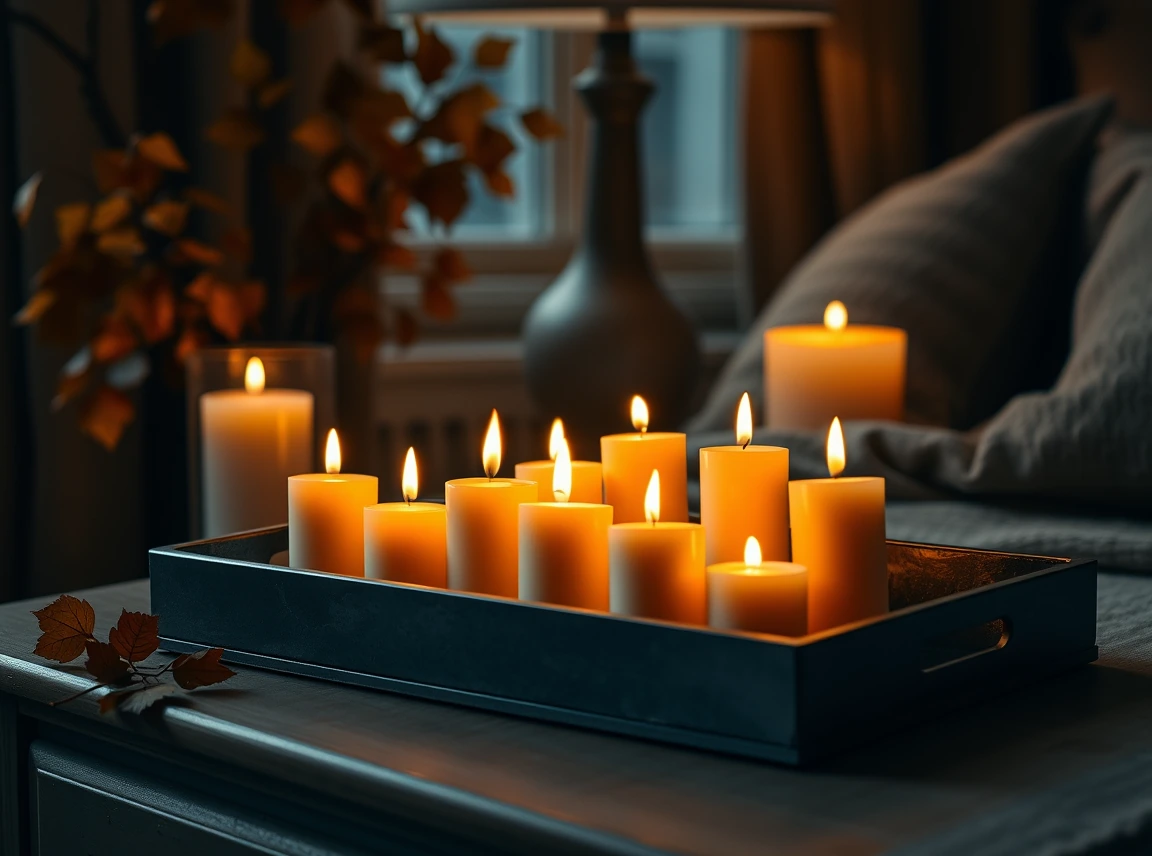 A cluster of warm-toned candles on a tray on a nightstand glowing softly, cozy autumn ambiance, no people, dim evening