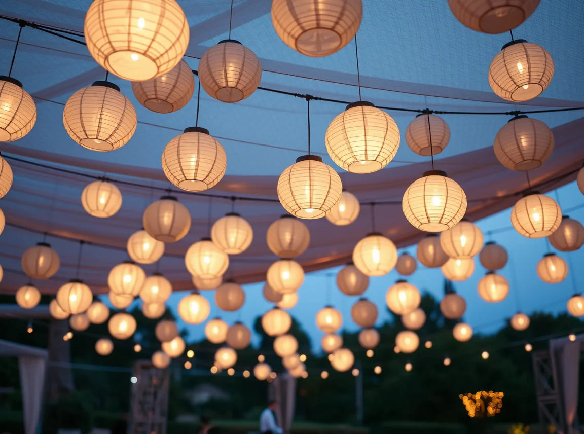 A cluster of white paper lanterns hanging at different heights over a wedding reception, soft glowing spheres, no people