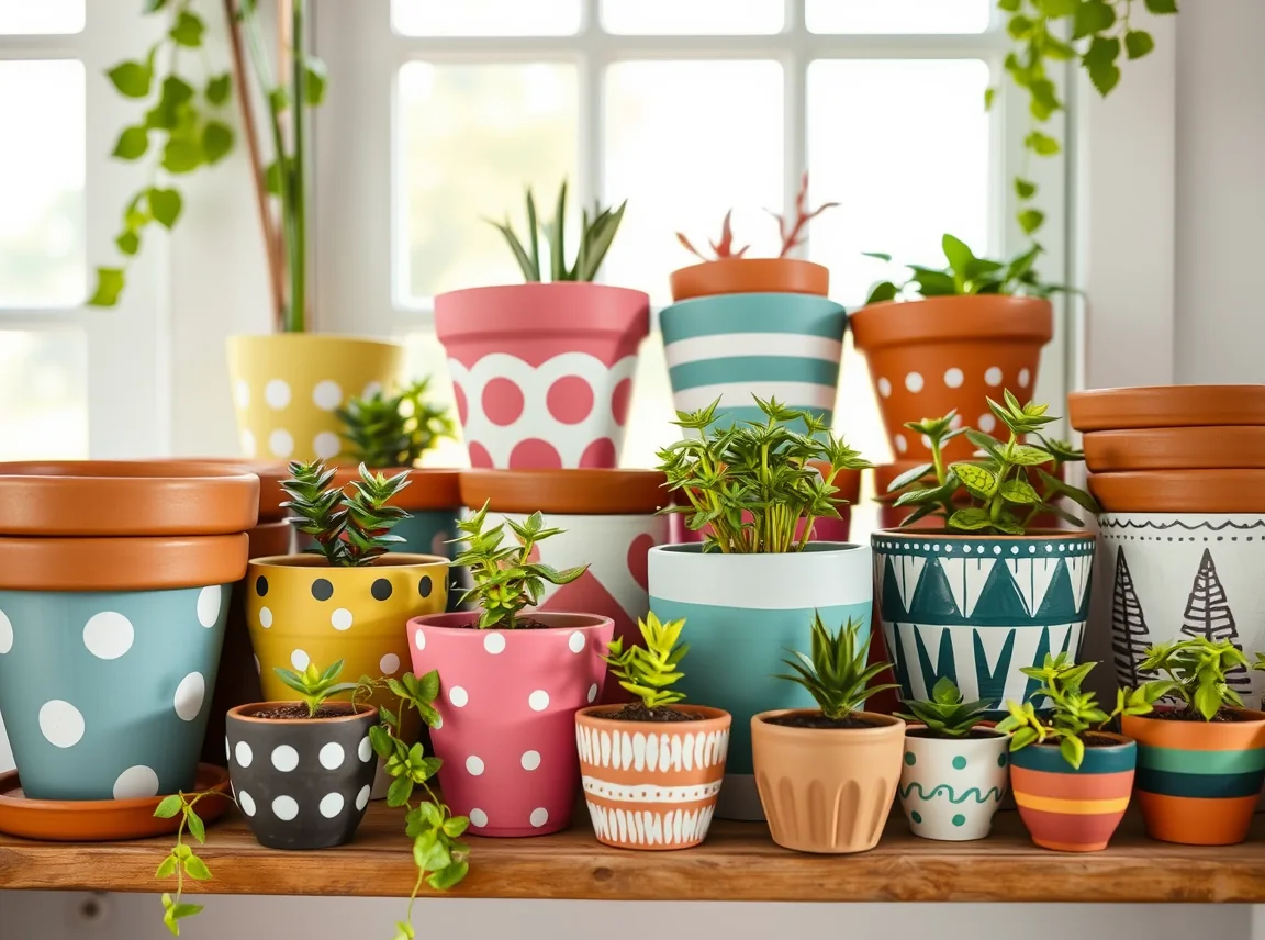 A collection of hand-painted terracotta pots in various designs including solid colors, polka dots, stripes, and boho