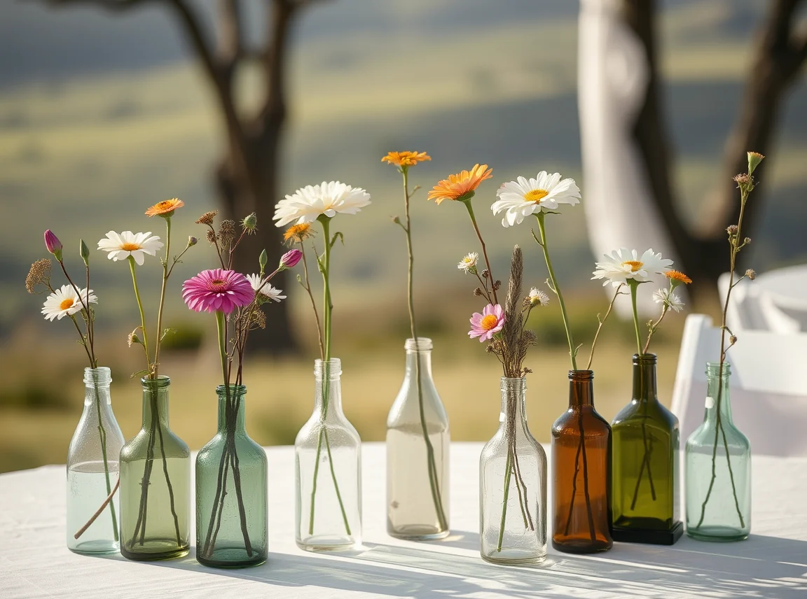 A collection of mismatched thrifted vases holding single flower stems on a wedding table, charming and eclectic, no people
