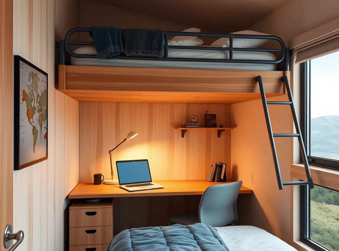 A compact study zone under a lofted dorm bed with a desk, warm task lamp, laptop, and a small wall shelf, organized and