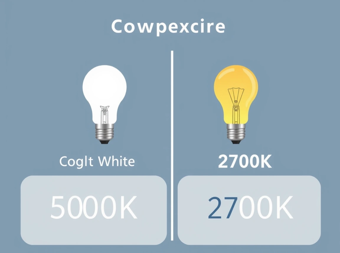 A comparison chart showing a cool bright white bulb at 5000K next to a warm white bulb at 2700K with a simple color