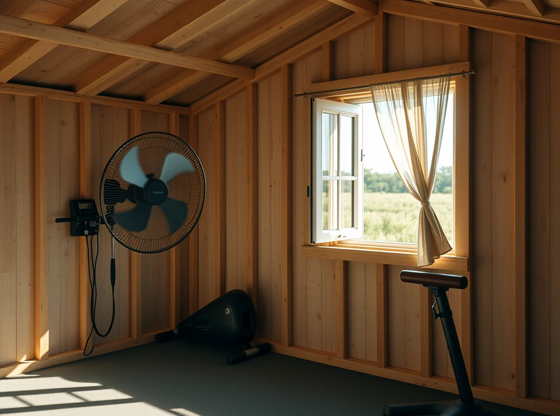 A converted shed gym with a wall-mounted fan running, an open window with a light breeze moving a curtain, gym equipment