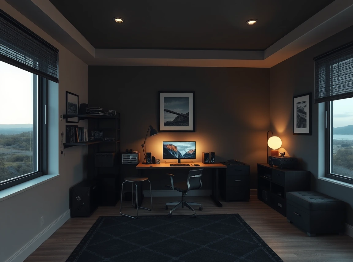 A cool masculine dorm room with a moody charcoal and olive palette, a gaming desk setup with ambient lighting, framed art
