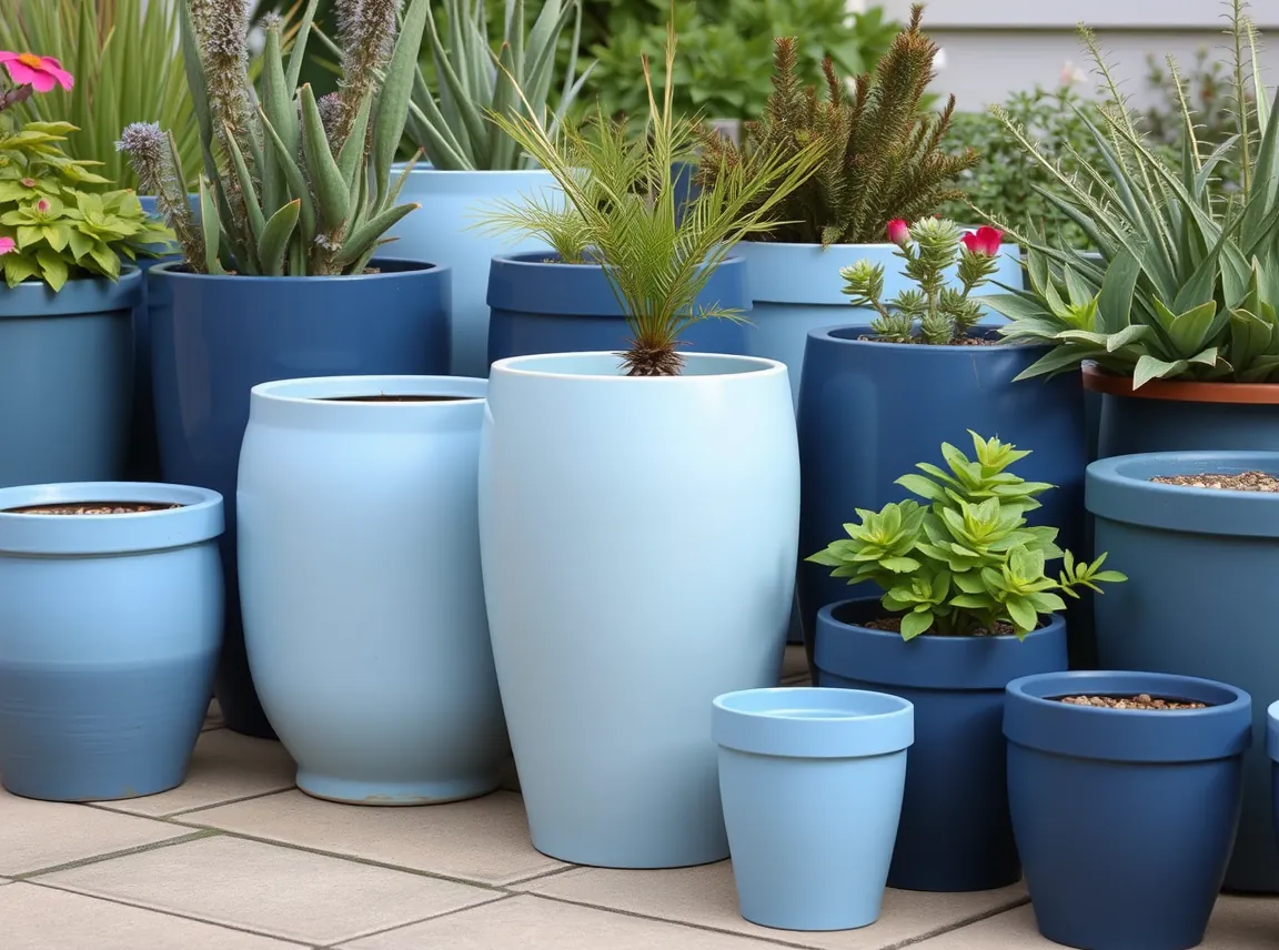 A coordinated set of garden pots painted in shades of blue from light to deep, grouped together with plants, cohesive and