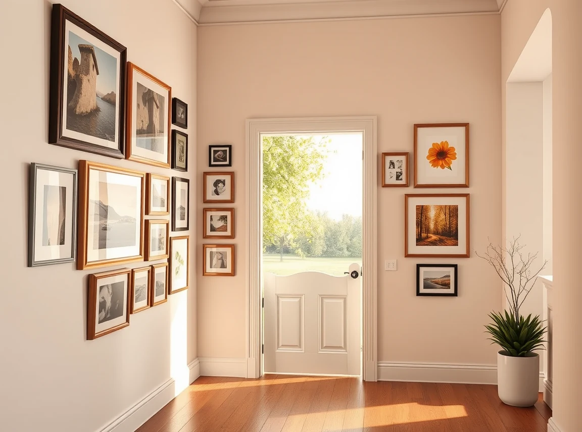 A corner gallery wall framing a doorway and extending onto the adjacent wall, mixed frames arranged around the door trim, a