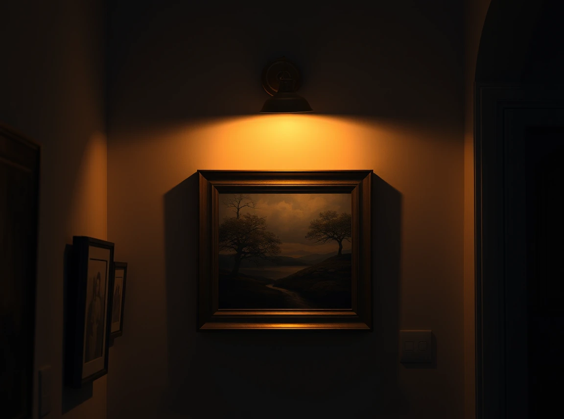 A corner gallery wall lit by a warm brass picture light above the center frame and a soft wall sconce, glowing art in a dim