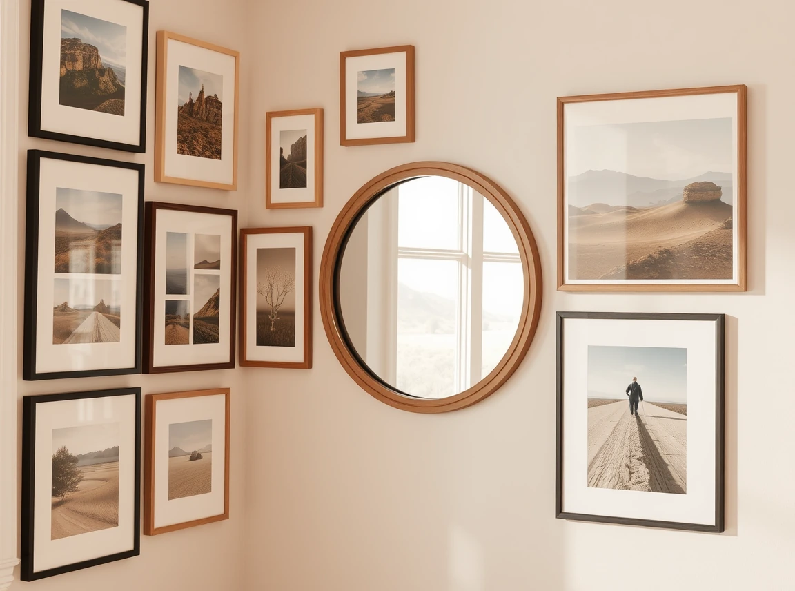 A corner gallery wall of art prints with a round wood-framed mirror mixed in among the frames, the mirror reflecting soft