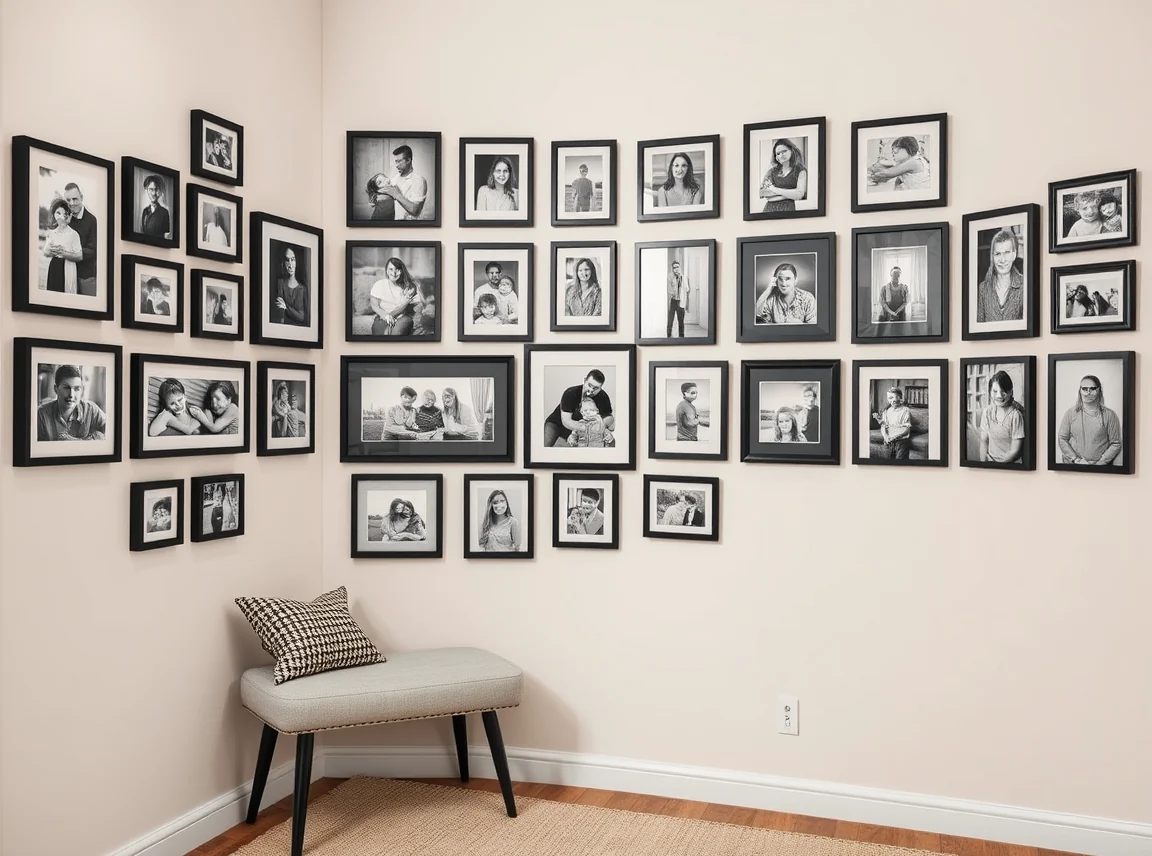 A corner gallery wall of black and white family photos in matching black frames wrapping two walls, crisp and striking, a