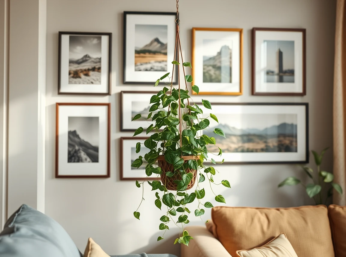 A corner gallery wall of framed prints with a trailing pothos plant in a hanging planter spilling green leaves among the