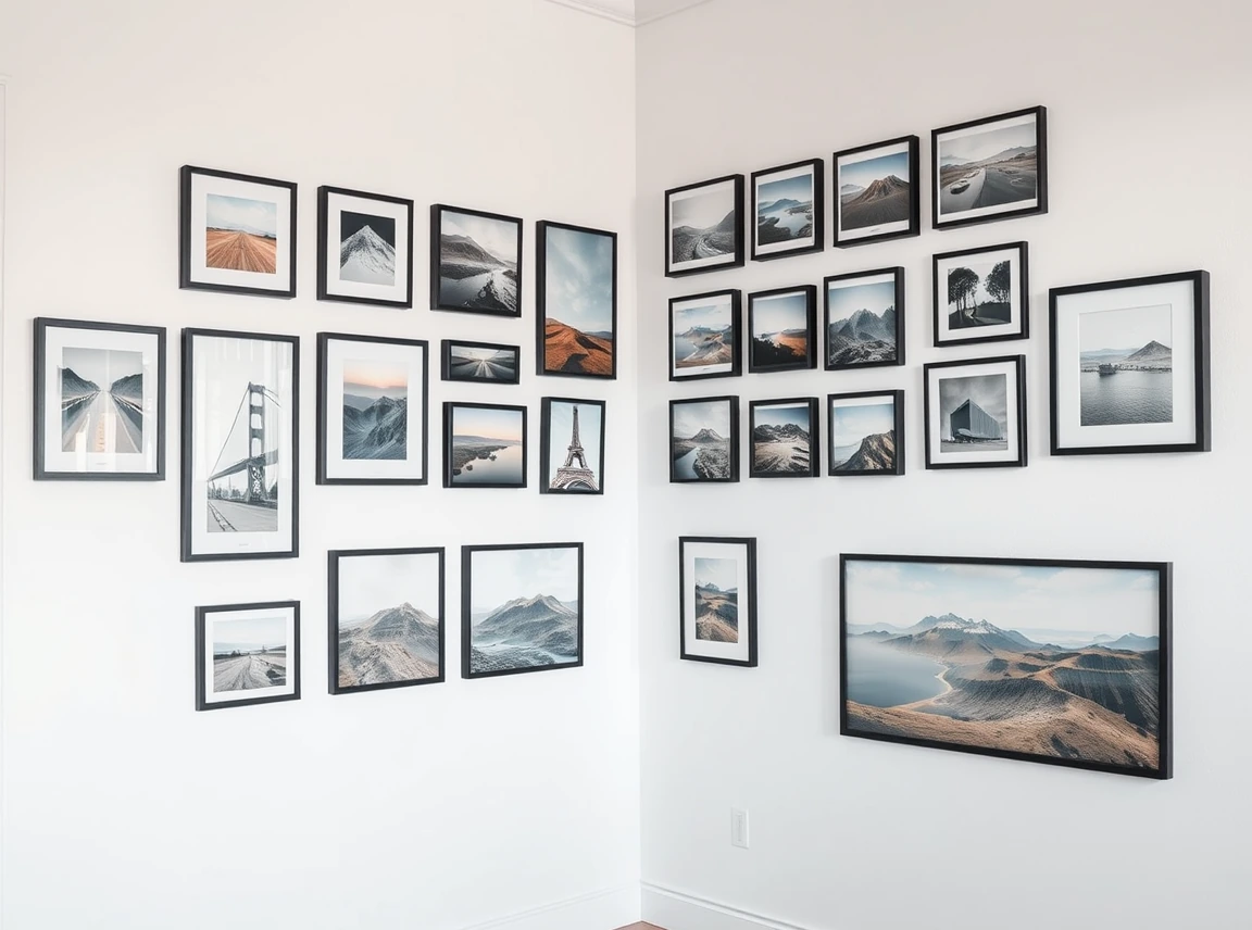 A corner gallery wall of many photos and prints all in matching thin black frames wrapping two walls, crisp white wall