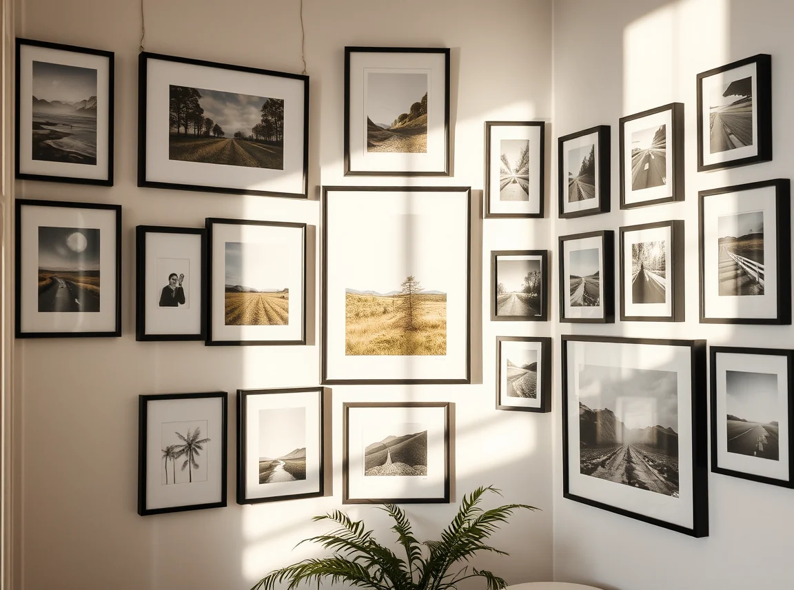 A corner gallery wall where the inner frame edges align neatly along the wall corner while outer frames spread randomly, mix