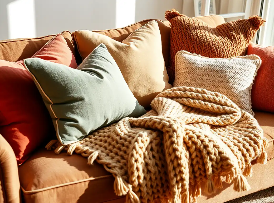 A couch layered with mixed throw pillows and a chunky knit blanket in warm tones, cozy and inviting, soft afternoon light