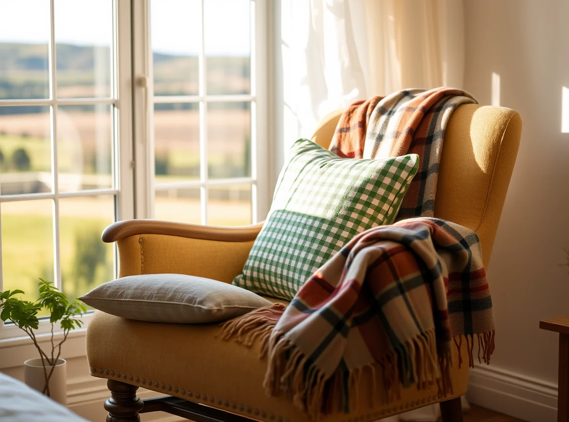 A cozy chair with a green gingham cushion and a plaid throw blanket in a bright bedroom corner, warm and inviting, soft