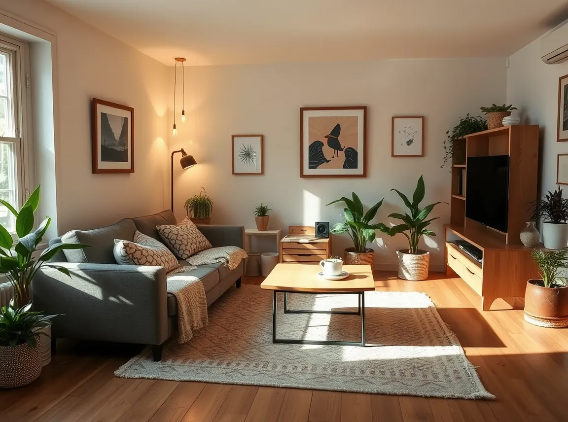 A cozy college apartment living room on a budget with a secondhand sofa, a soft area rug, string lights, framed art, and a
