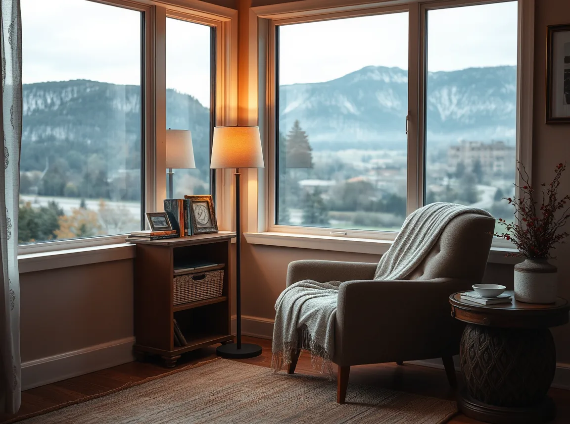 A cozy corner nook with an armchair, a soft throw, a side table, and a warm lamp by a window, inviting reading spot, no