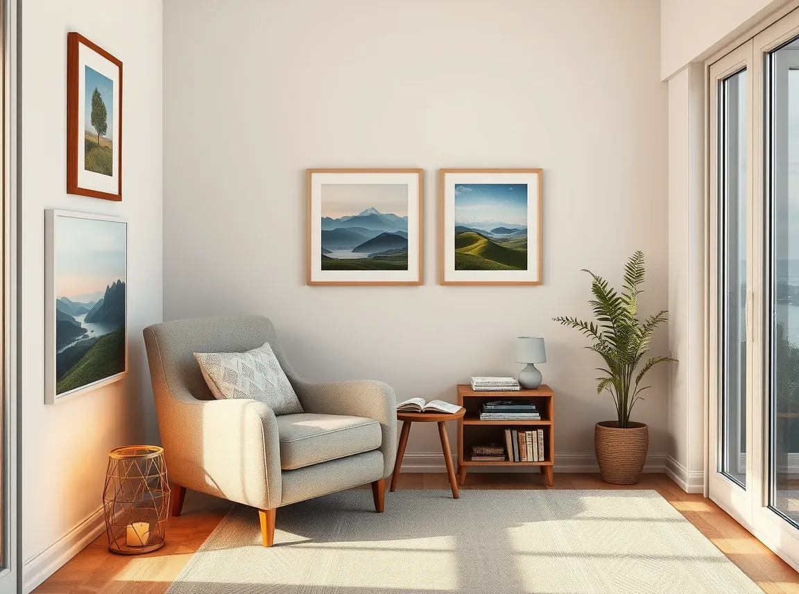 A cozy corner reading nook with a soft armchair, a small side table with a lamp and books, and a calm gallery wall of nature