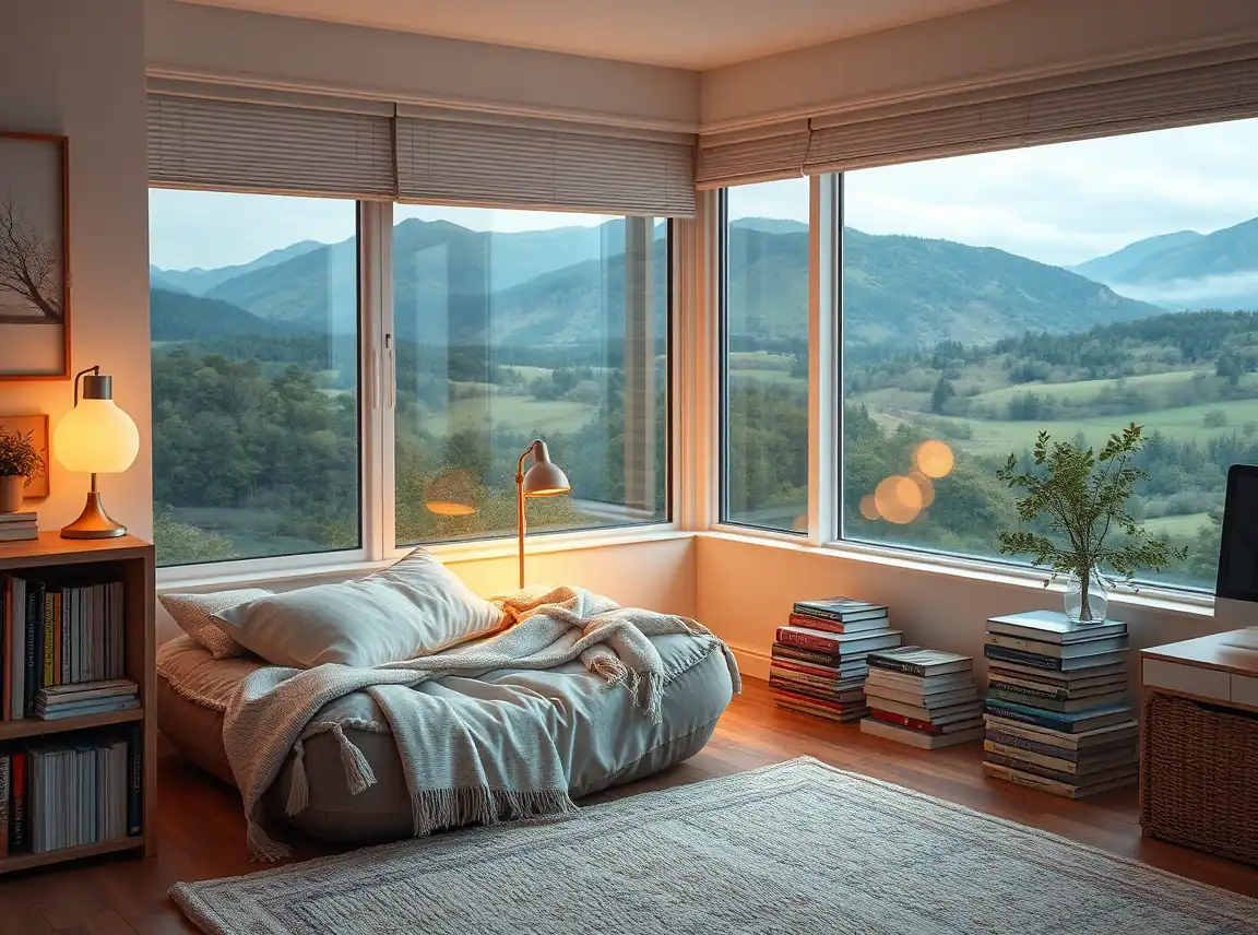 A cozy dorm reading nook in a corner with a floor cushion, soft blanket, small warm lamp, and a stack of books, inviting and