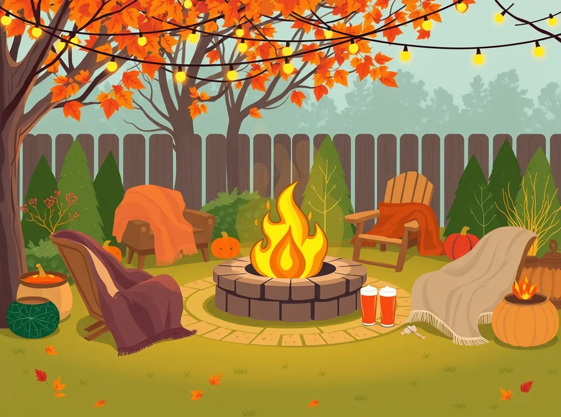 A cozy fall backyard formula infographic showing a fire pit, string lights, blankets, and warm drinks combining into a cozy