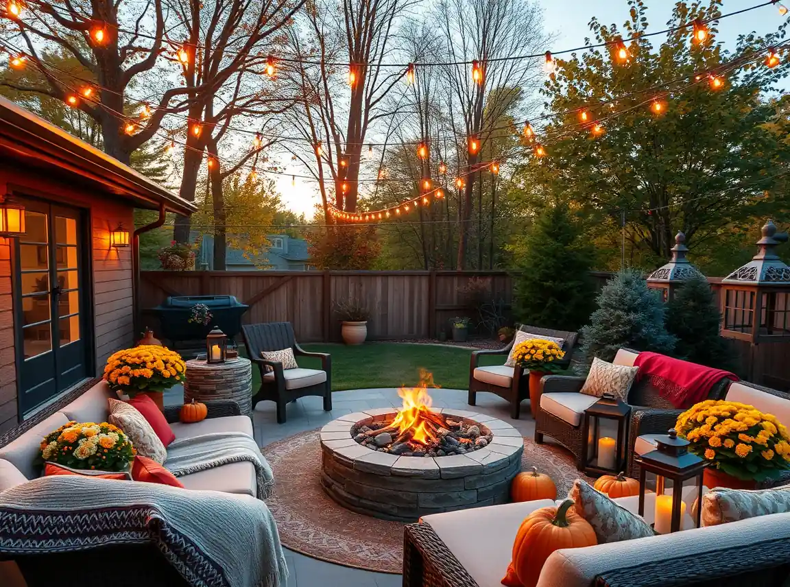 A cozy fall backyard with warm string lights overhead, a glowing fire pit, soft seating with blankets, pumpkins, mums in