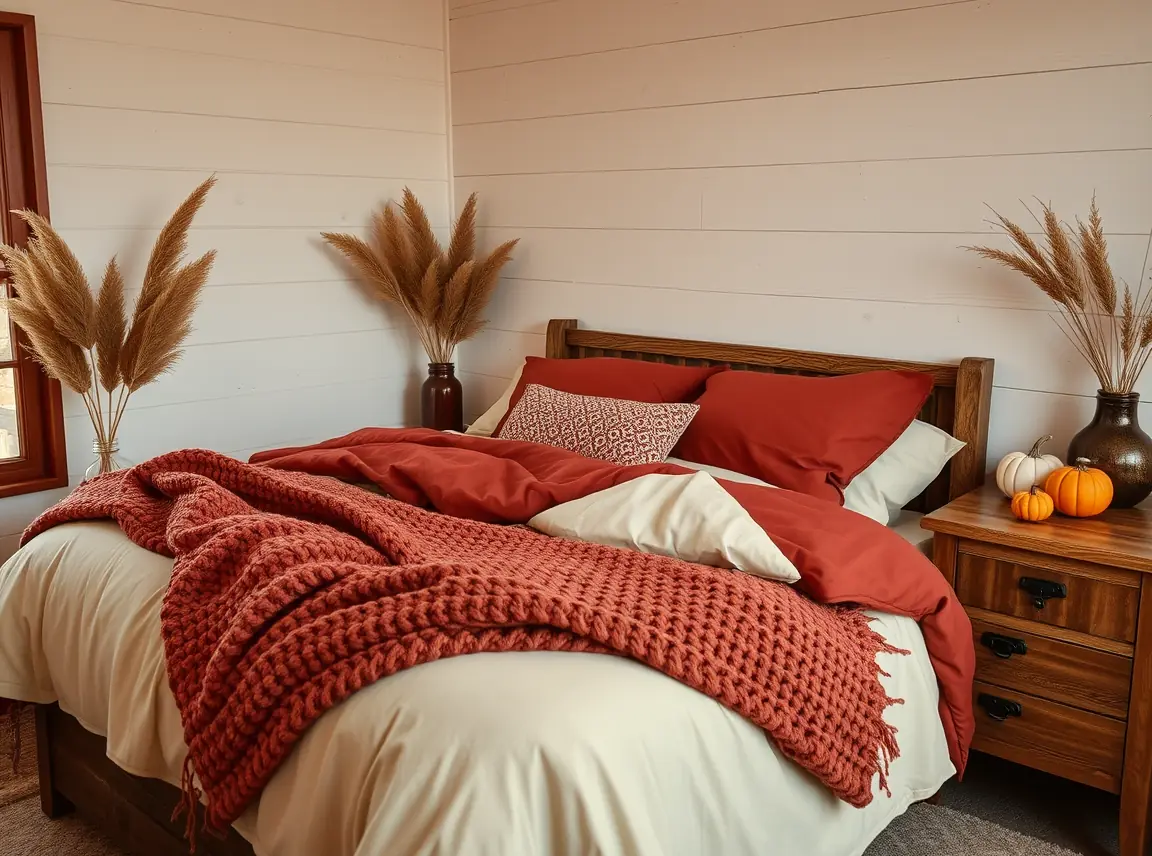 A cozy fall bedroom retreat with layered bedding in rust and cream, a chunky knit throw at the foot of the bed, a warm