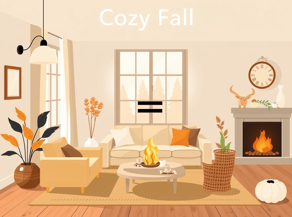A cozy fall formula chart showing warm light plus soft texture plus warm scent plus gathering layout equals a cozy living