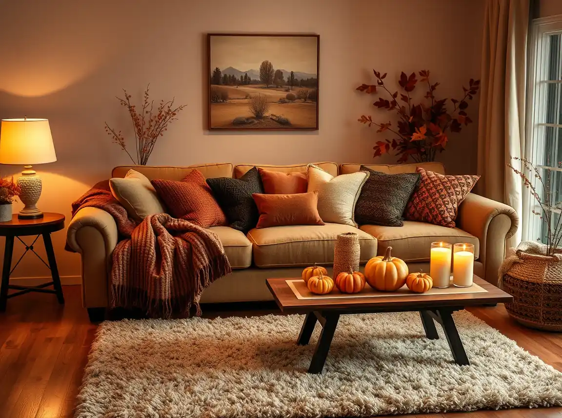 A cozy fall living room with a layered sofa full of throw pillows and a knit blanket, a plush area rug, warm lamp light, and
