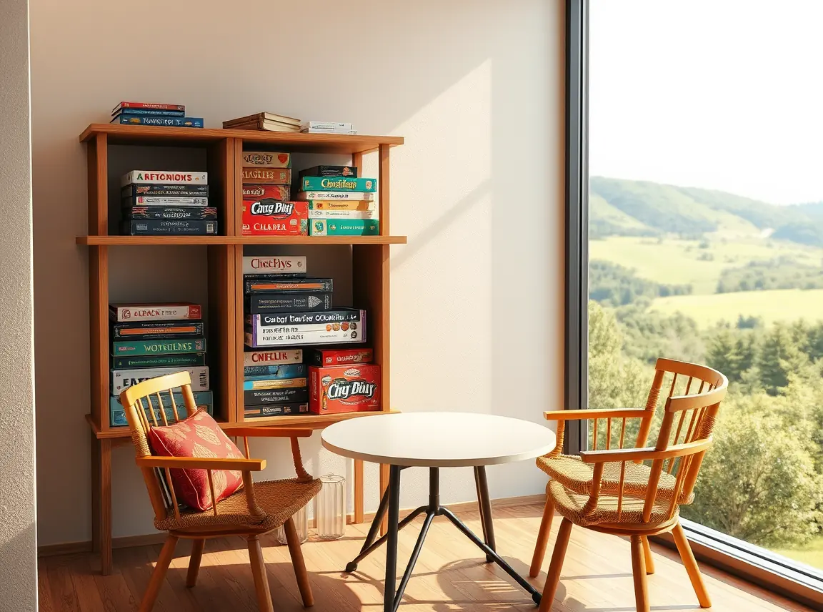 A cozy game corner with a small table, a stack of board games on a shelf, and two chairs, fun and social, bright daylight