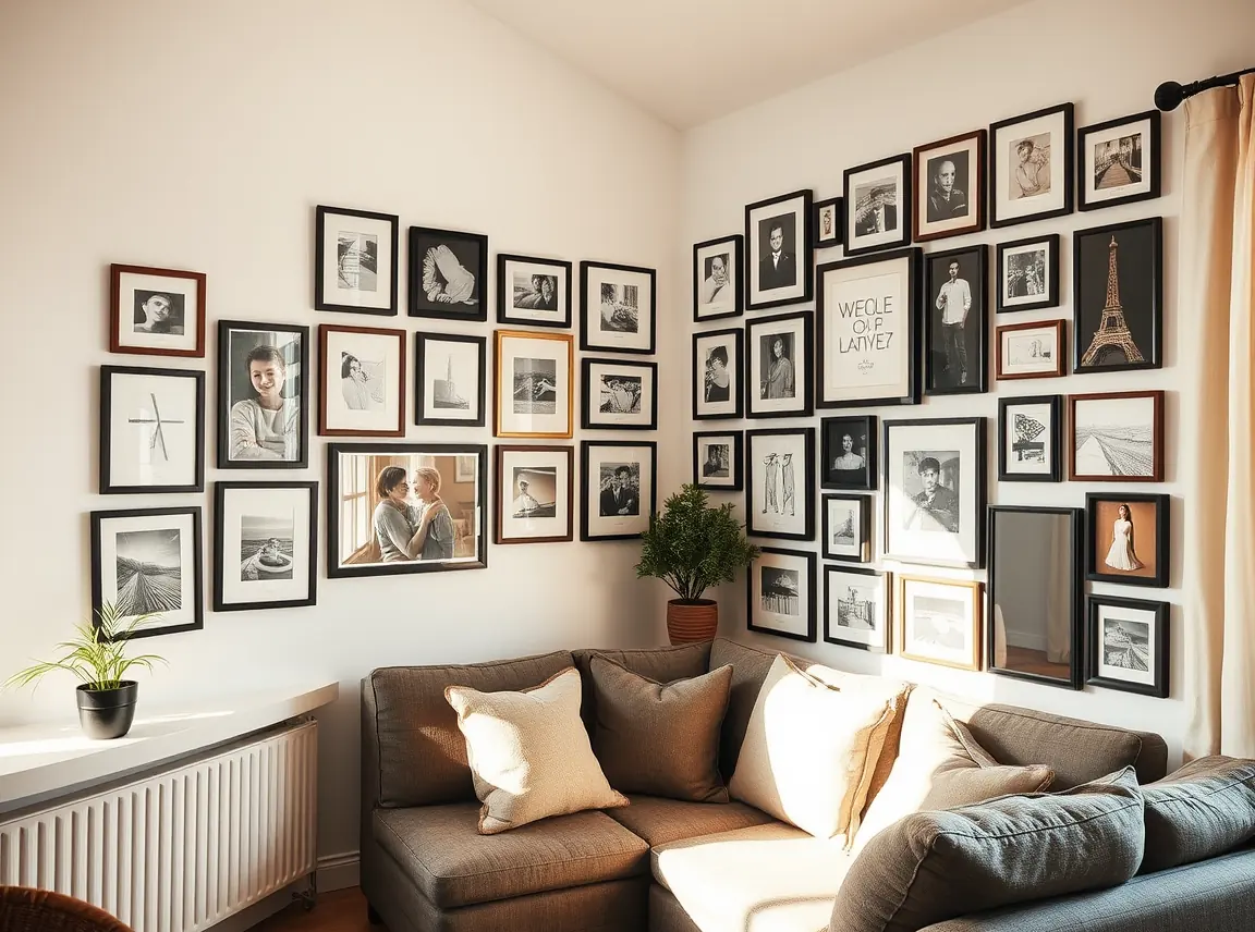 A cozy living room corner with an L-shaped gallery wall of mixed black and wood frames wrapping around both walls, a small
