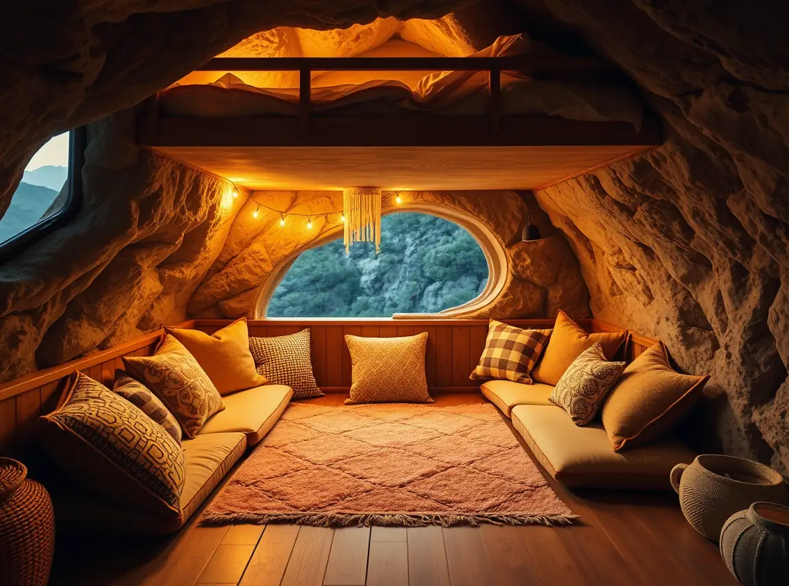 A cozy lounge nook under a lofted bed with floor cushions, a soft rug, string lights, and throw pillows, warm inviting