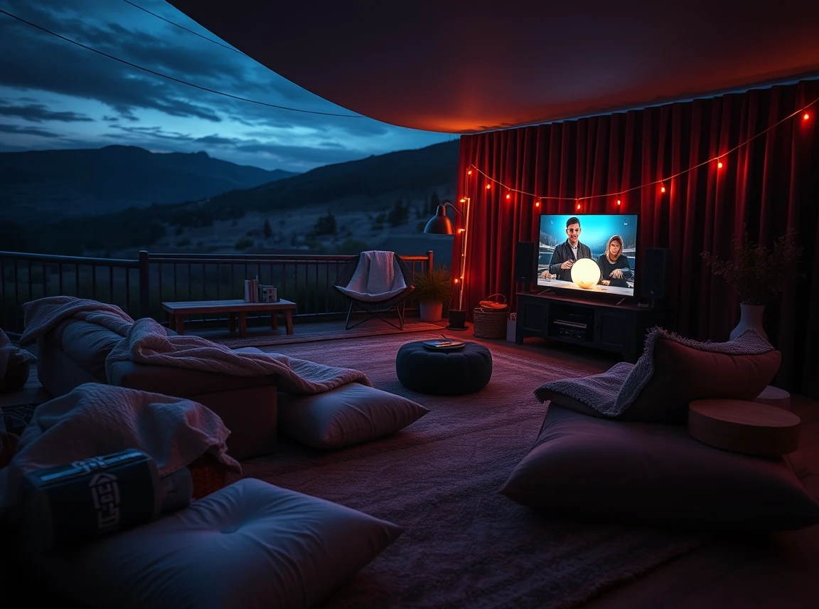 A cozy movie night setup with a couch, floor cushions, blankets, and a TV, soft dim lighting, inviting and relaxed