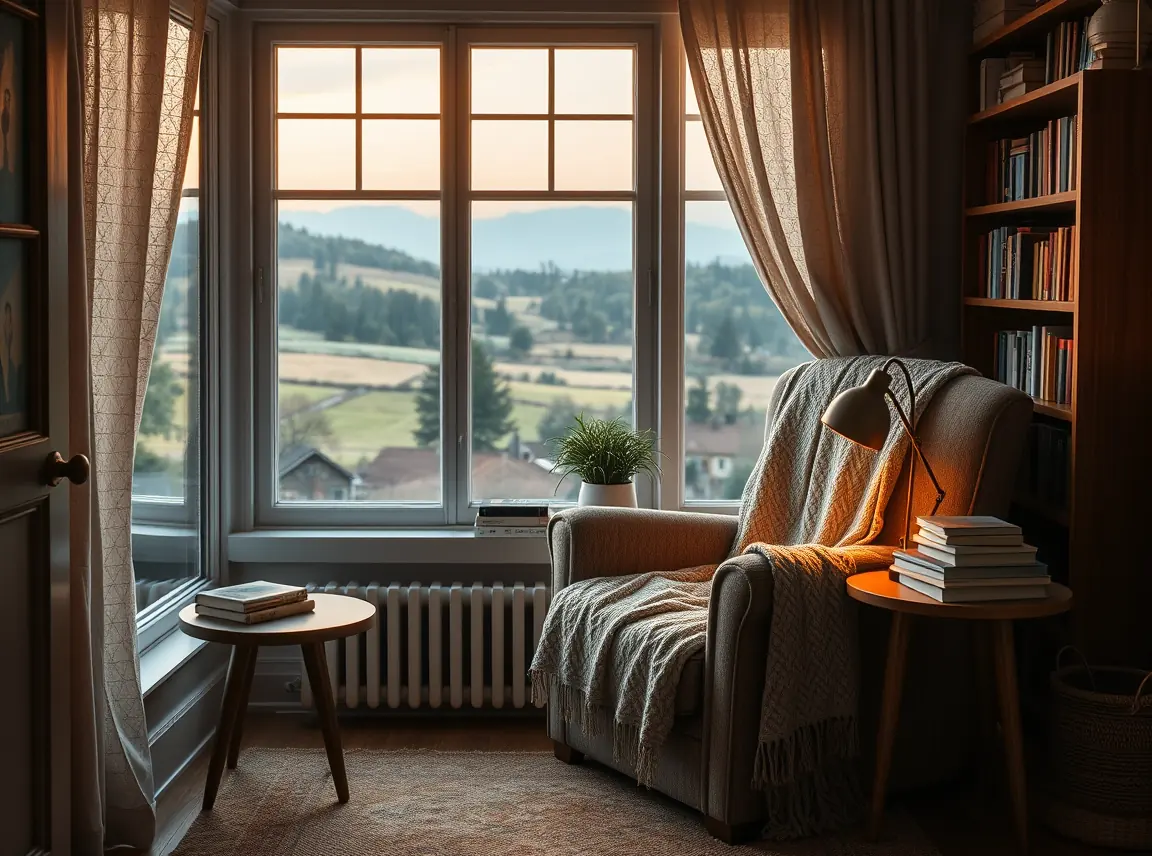 A cozy reading nook with an armchair, a soft throw blanket, a small side table with a lamp, and a stack of books by a