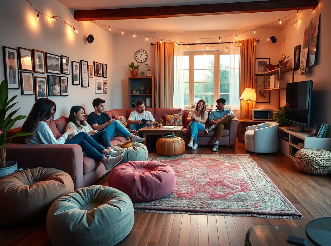 A cozy shared college living room with a sectional sofa, floor poufs, a large area rug, string lights, and a gallery wall