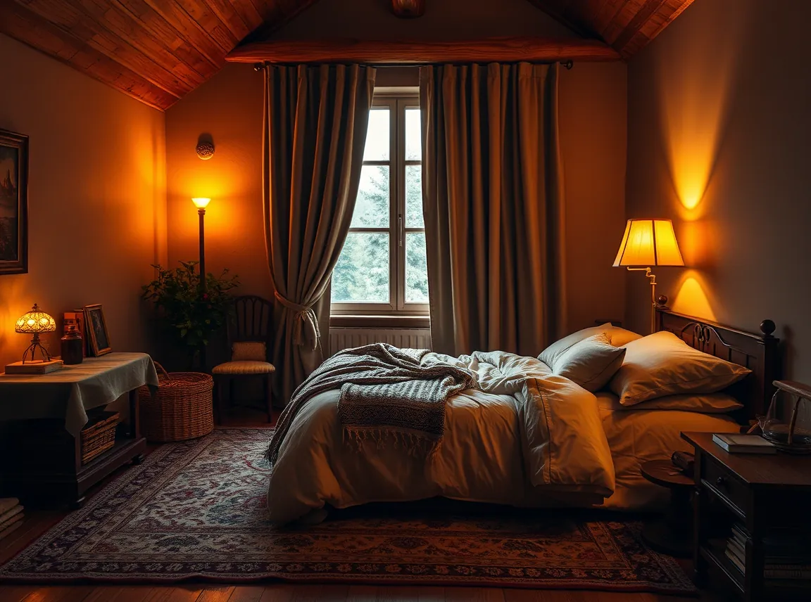 A cozy warm bedroom with a rug, heavy curtains, warm lamp light, and layered bedding all working together, snug and