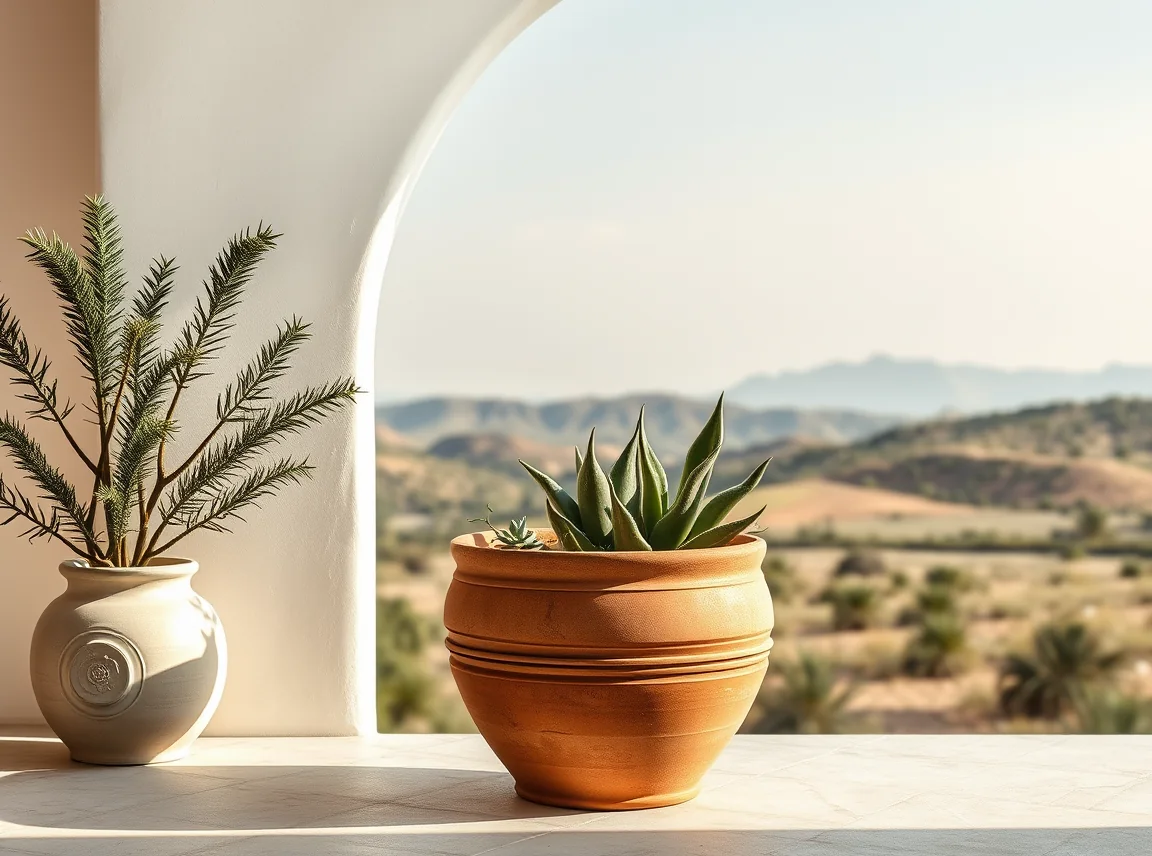 A cream terracotta pot with simple black boho line art and arches, earthy and chic, no people, soft daylight, landscape photo