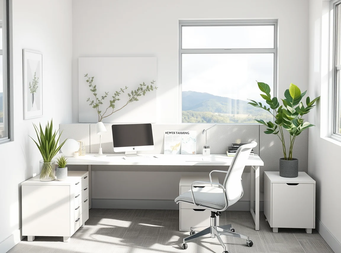 A cubicle desk styled in a calm palette of white, gray, and soft sage accents, cohesive and classy, no people, soft