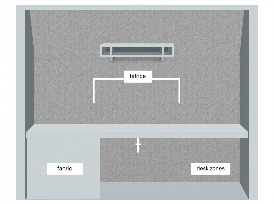 A cubicle zone map showing the desk surface, the fabric walls, a shelf, and the under-desk area with a simple label for each