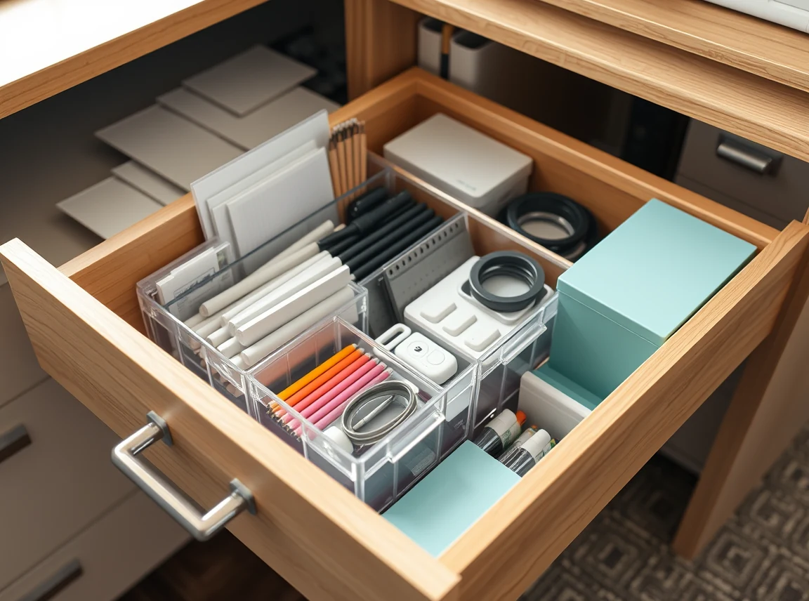 A desk drawer with a neat organizer holding sorted supplies, and matching storage boxes, hidden and tidy, no people, bright