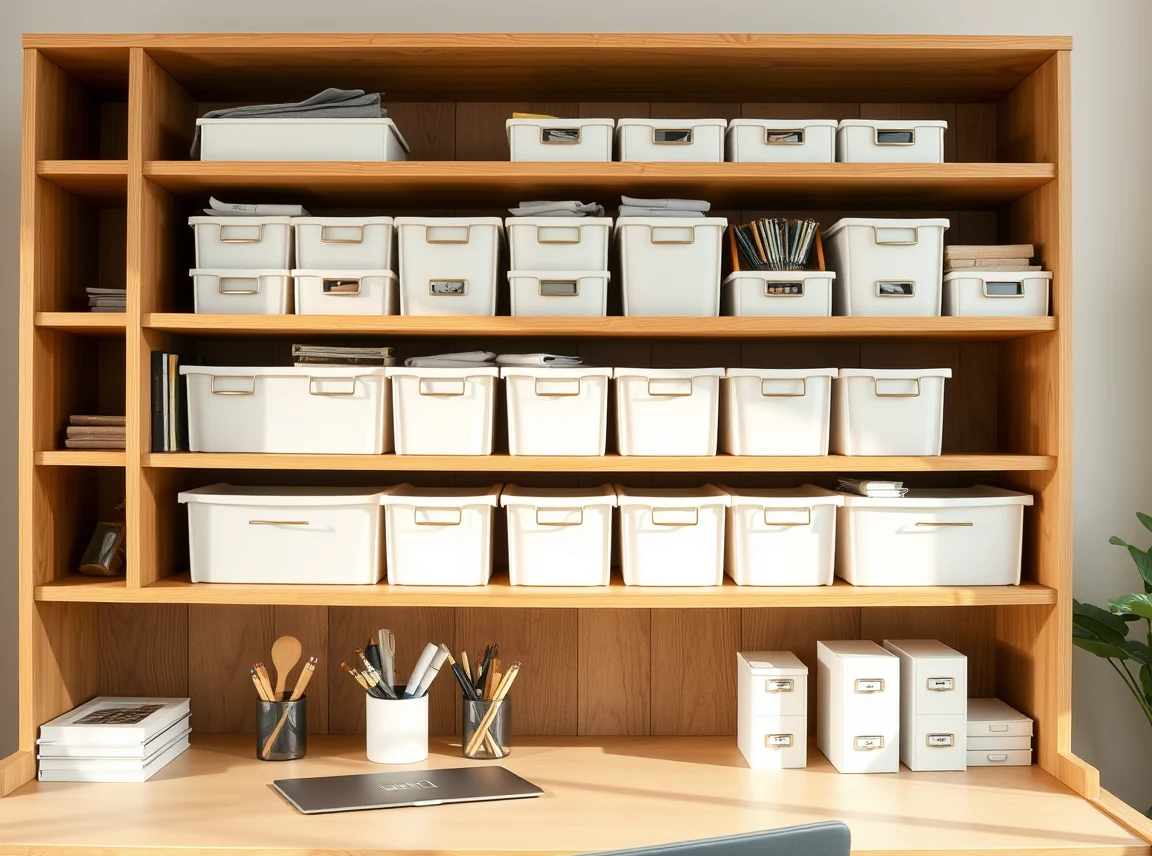 A desk hutch shelf lined with matching bins and trays holding office supplies, neat and organized, no people, soft daylight