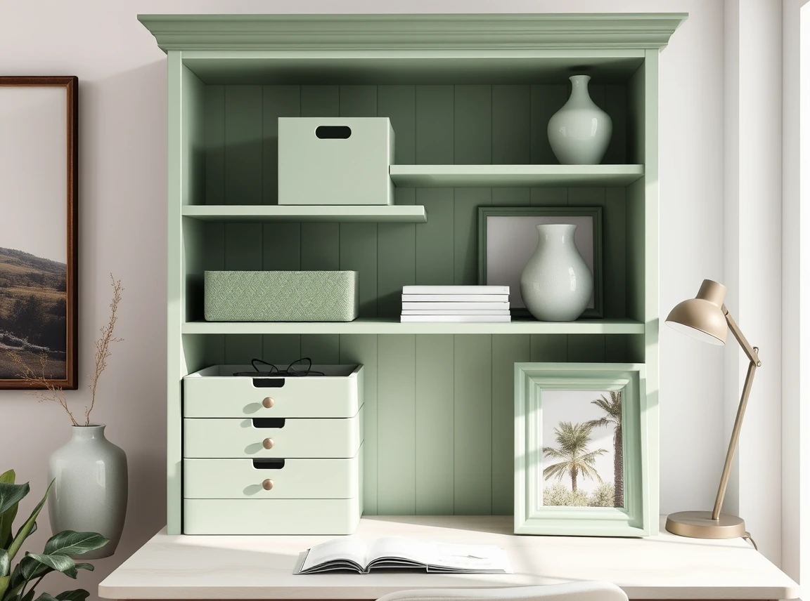 A desk hutch styled with a sage green accent color repeated in a bin, a vase, and a frame, cohesive pop of color, no people