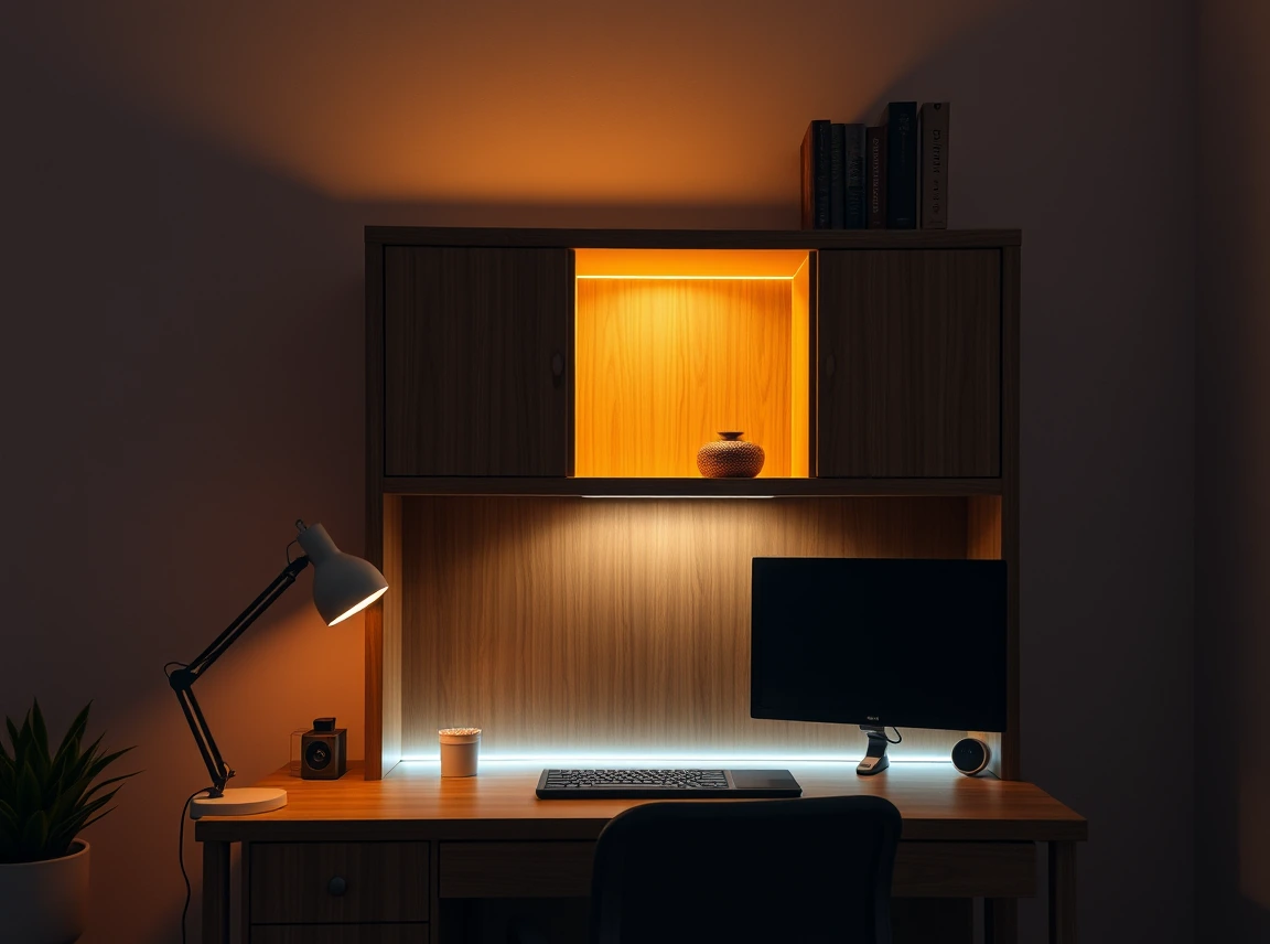 A desk hutch with a small task lamp and a warm LED strip under the shelf casting soft light on the desk, no people, cozy