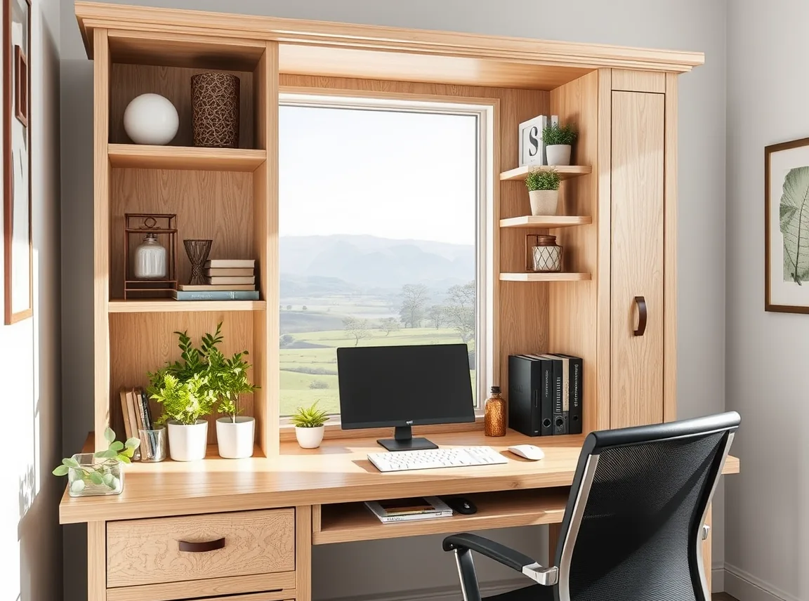 A desk hutch with small risers and mini shelves creating different levels for decor and supplies, layered and organized, no