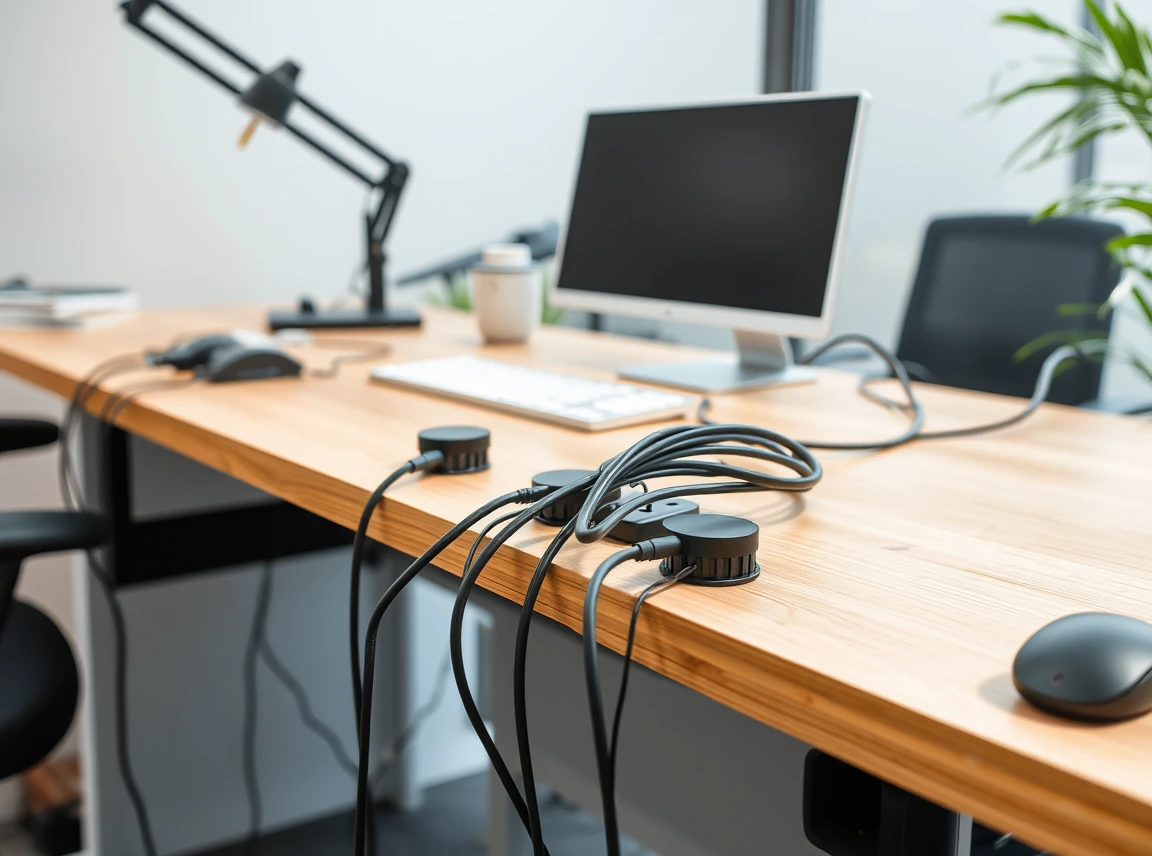 A desk with cords neatly routed through clips and channels along the edge, tidy cable management, no people, bright even
