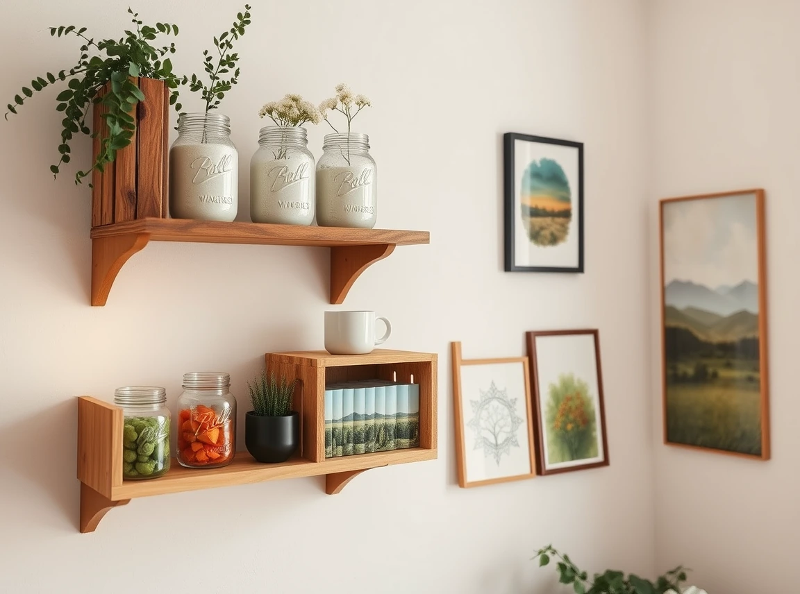 A DIY corner with painted mason jars, an upcycled wooden crate shelf, and handmade art in an apartment, creative and