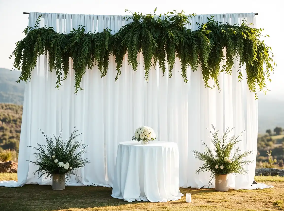 A DIY wedding backdrop made of draped white fabric and greenery behind a sweetheart table, elegant and simple, no people