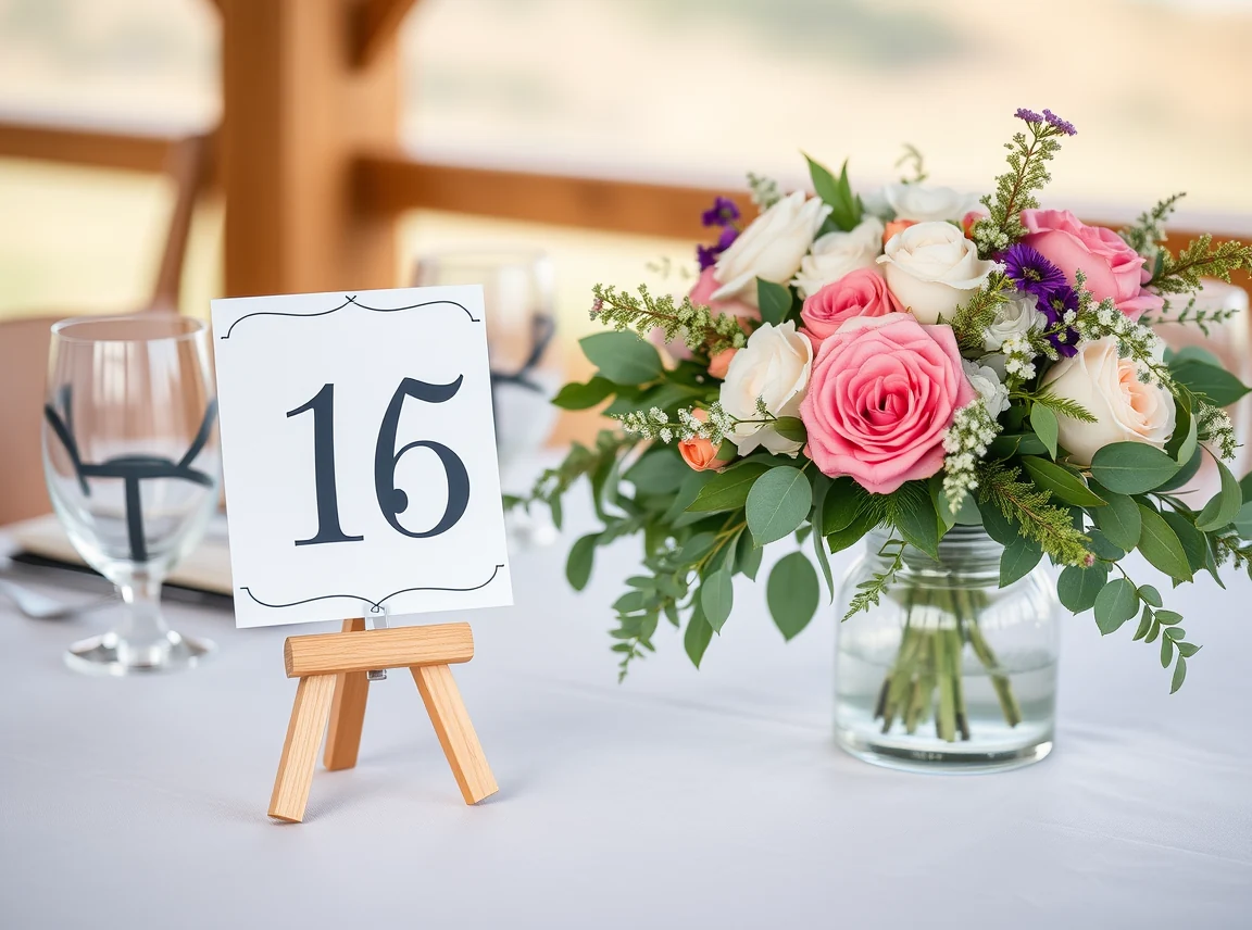 A DIY wedding table number sign on a small wooden stand beside a centerpiece, handmade and charming, no people, soft light
