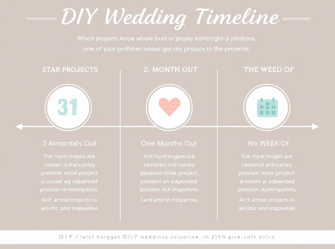 A DIY wedding timeline infographic showing which projects to start three months out, one month out, and the week of, no