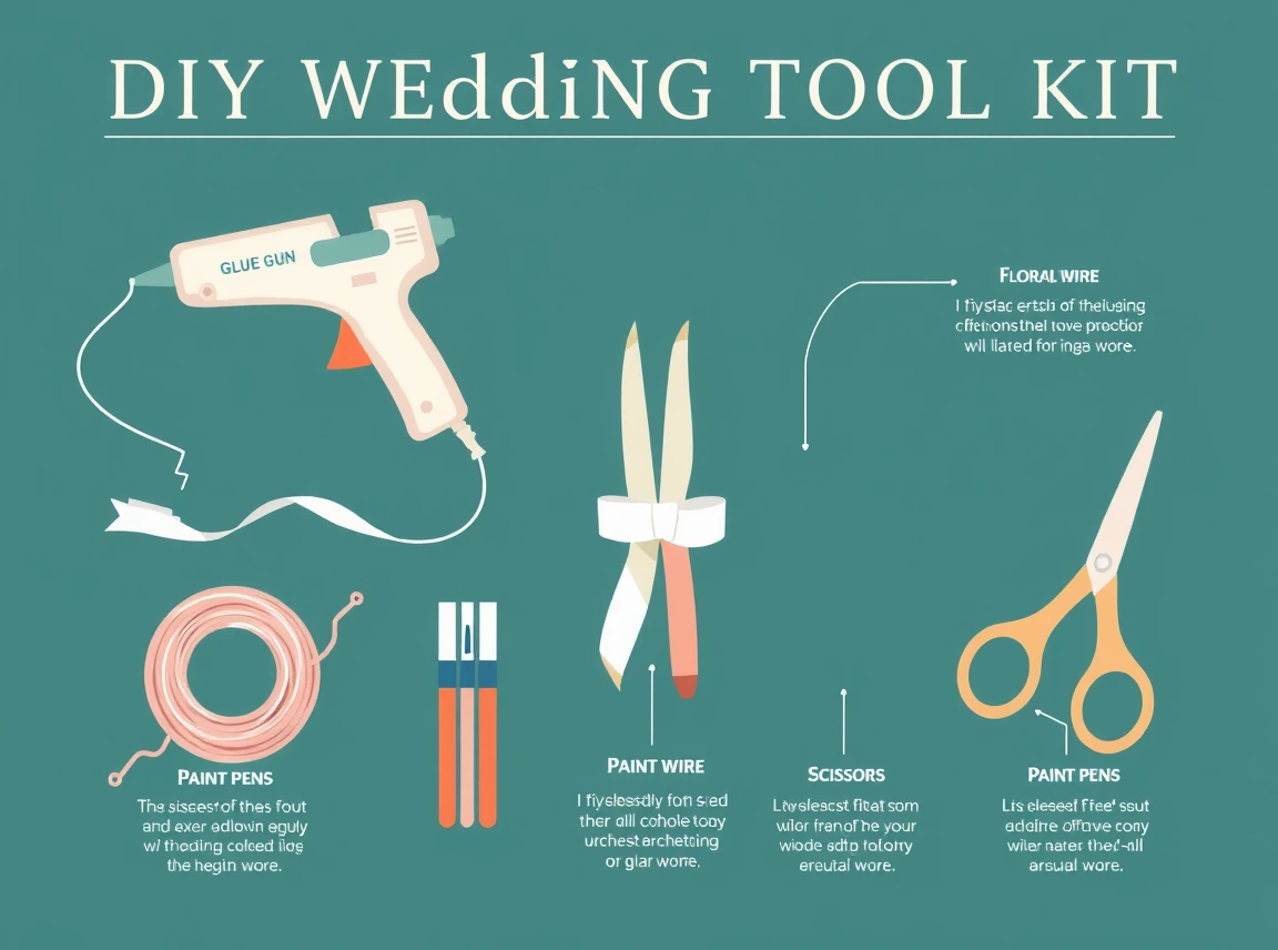 A DIY wedding toolkit infographic showing a glue gun, floral wire, ribbon, paint pens, and scissors with simple labels, no