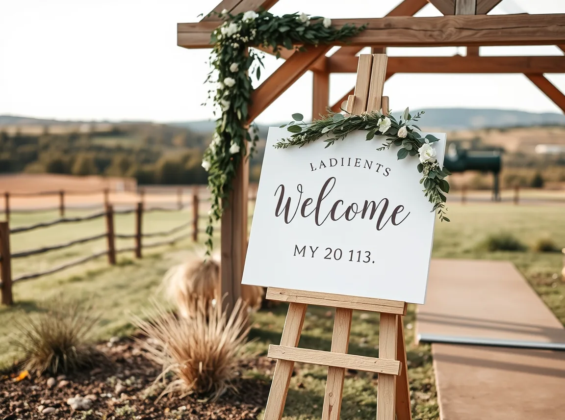 A DIY wedding welcome sign on a wooden easel decorated with greenery near an entrance, handmade and inviting, no people